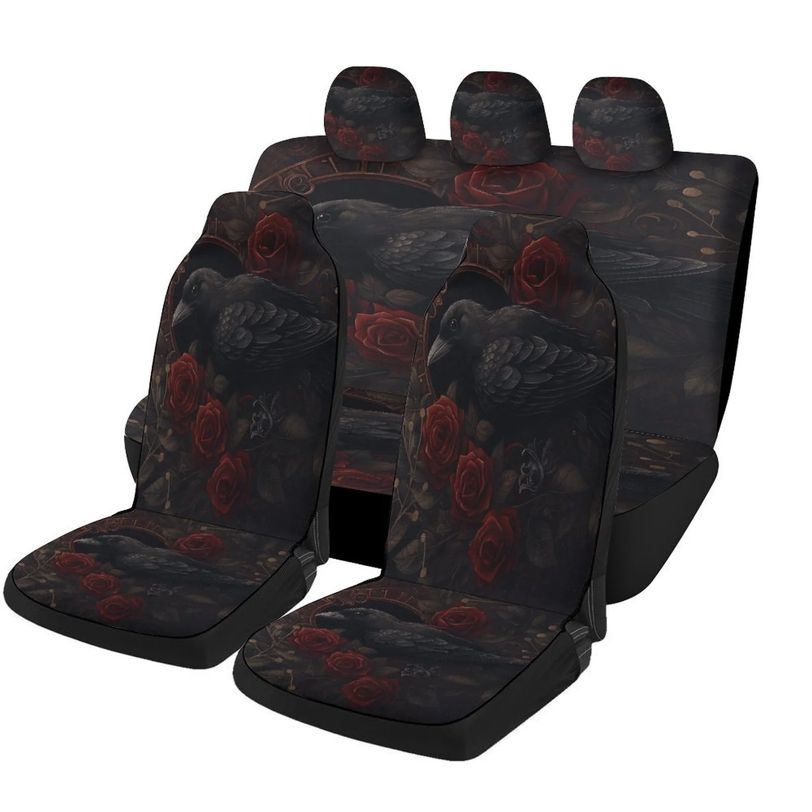 Raven Roses Clock Design Car Seat Cover Set - Stylish Black & Red Floral Pattern, Durable Polyester, Machine Washable, Fits Most