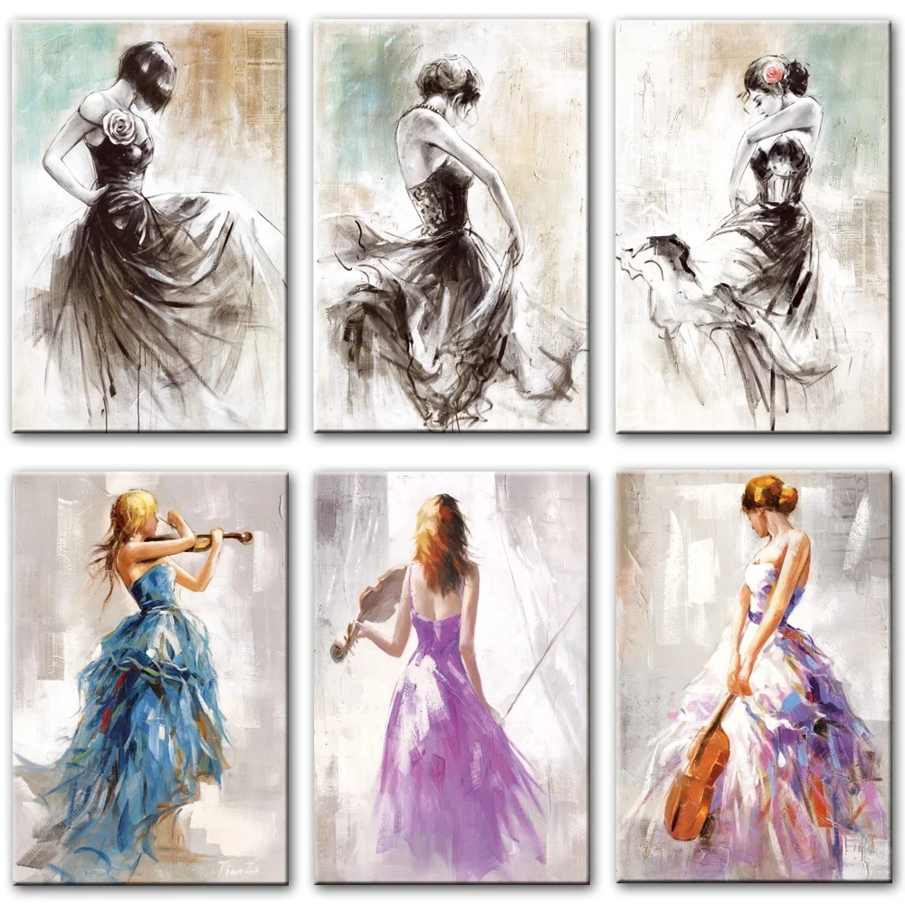 Elegant Girl Playing The Violin and Dance Canvas Paintings Ballerina Abstract Wall Art Posters And Prints Pictures Cuadros
