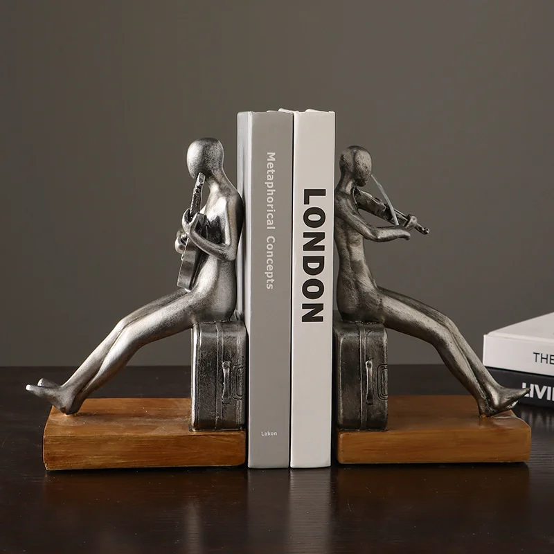 20cm Metal Bookend Abstract Violin Player Figurine Statue Vintage Fake Book Sculpture Bookshelf TV Cabinet Home Decor Gift