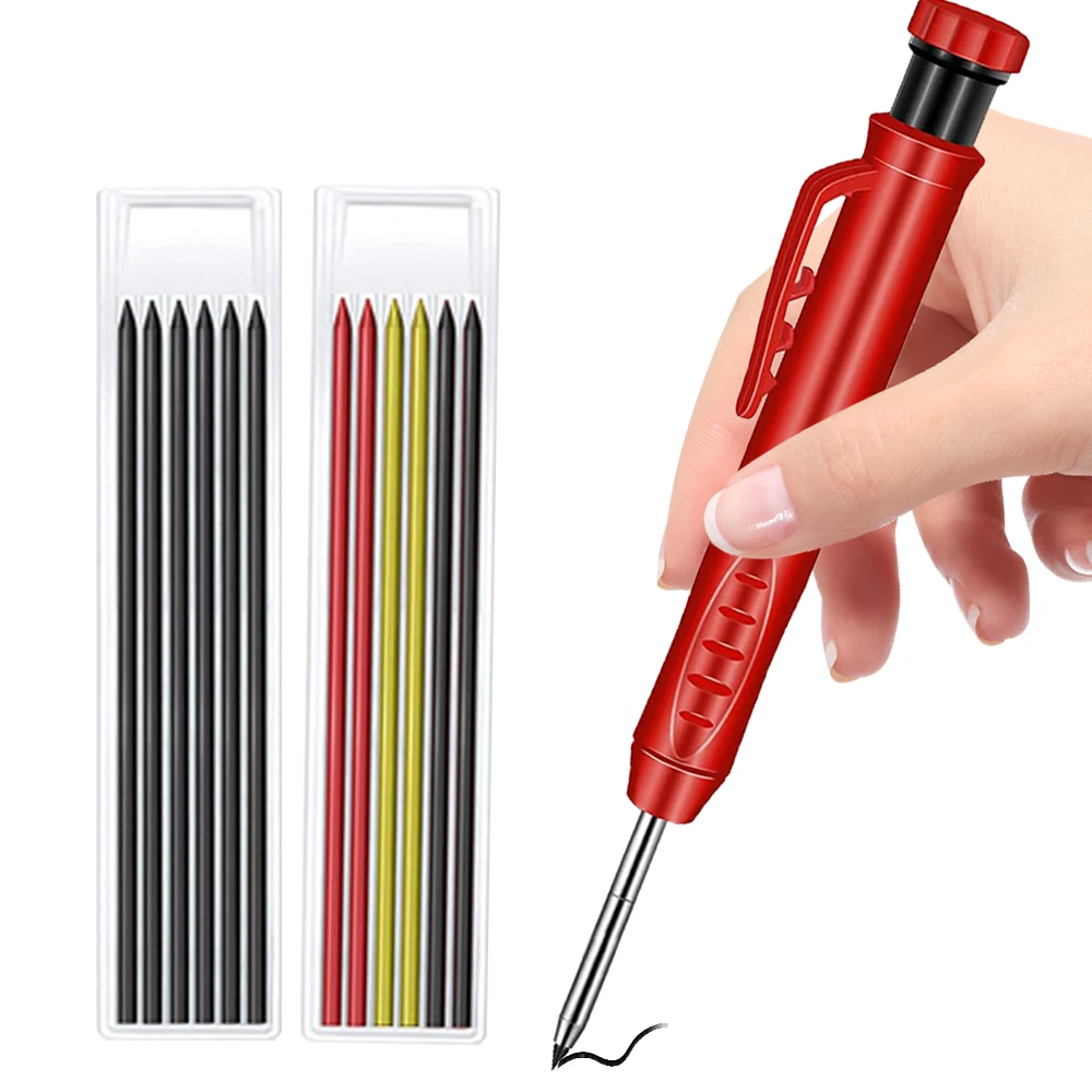 Solid Carpenter Pencil Set with Refill Leads Built-in Sharpener Deep Hole Mechanical Pencil Marker Woodworking Construction Tool