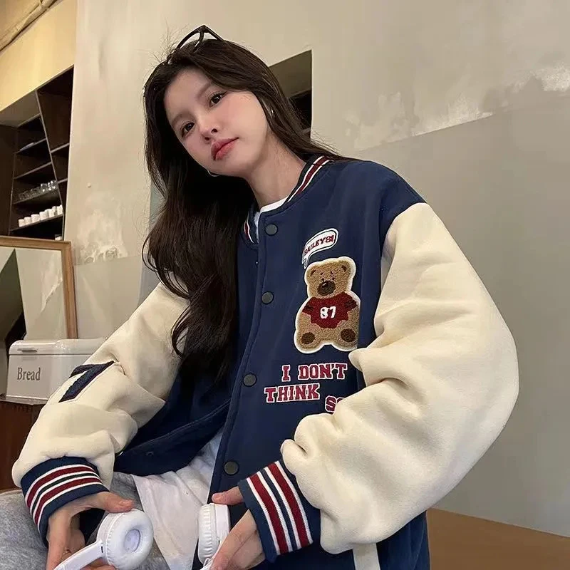 Bomber Jacket Women Korean Streetwear Fashion Oversized Coat Autumn Cute Baseball Loose Embroidery Female Trend Couple Outwear