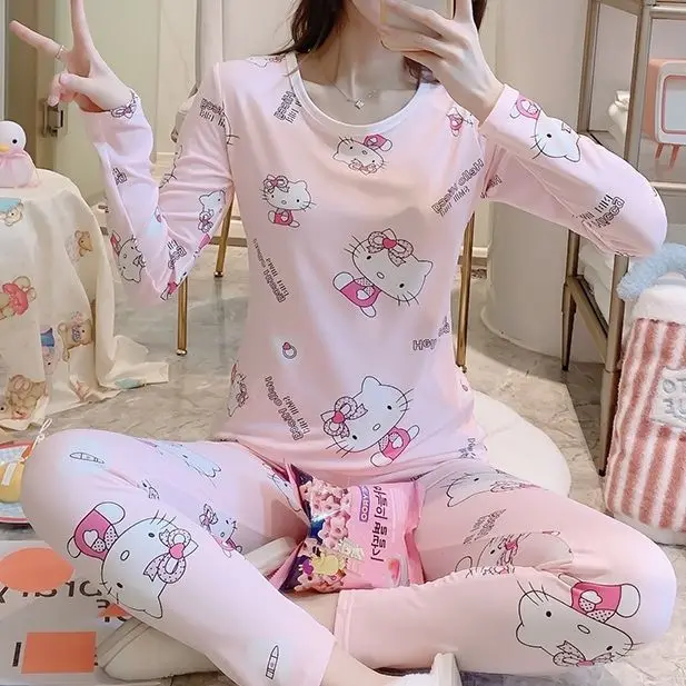 

Hello Kitty Autumn Winter Thermal Underwear Women's Winter Pajamas Set Warm Base Shirt Cartoon Slim-fit Body Long Johns Set