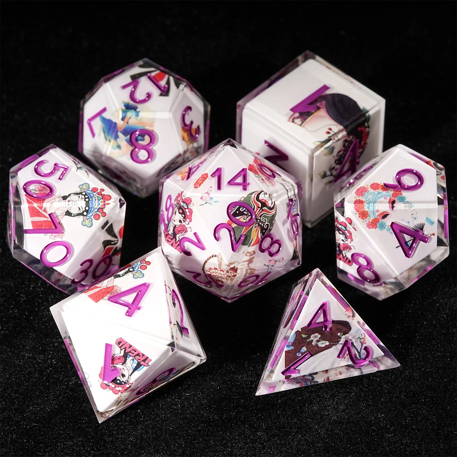 1-7pcs DND Dice Beijing Opera Facial Masks Dice Purple Word Multi-sided Polyhedral Dice for D&D Game COC Role Playing RPG Table