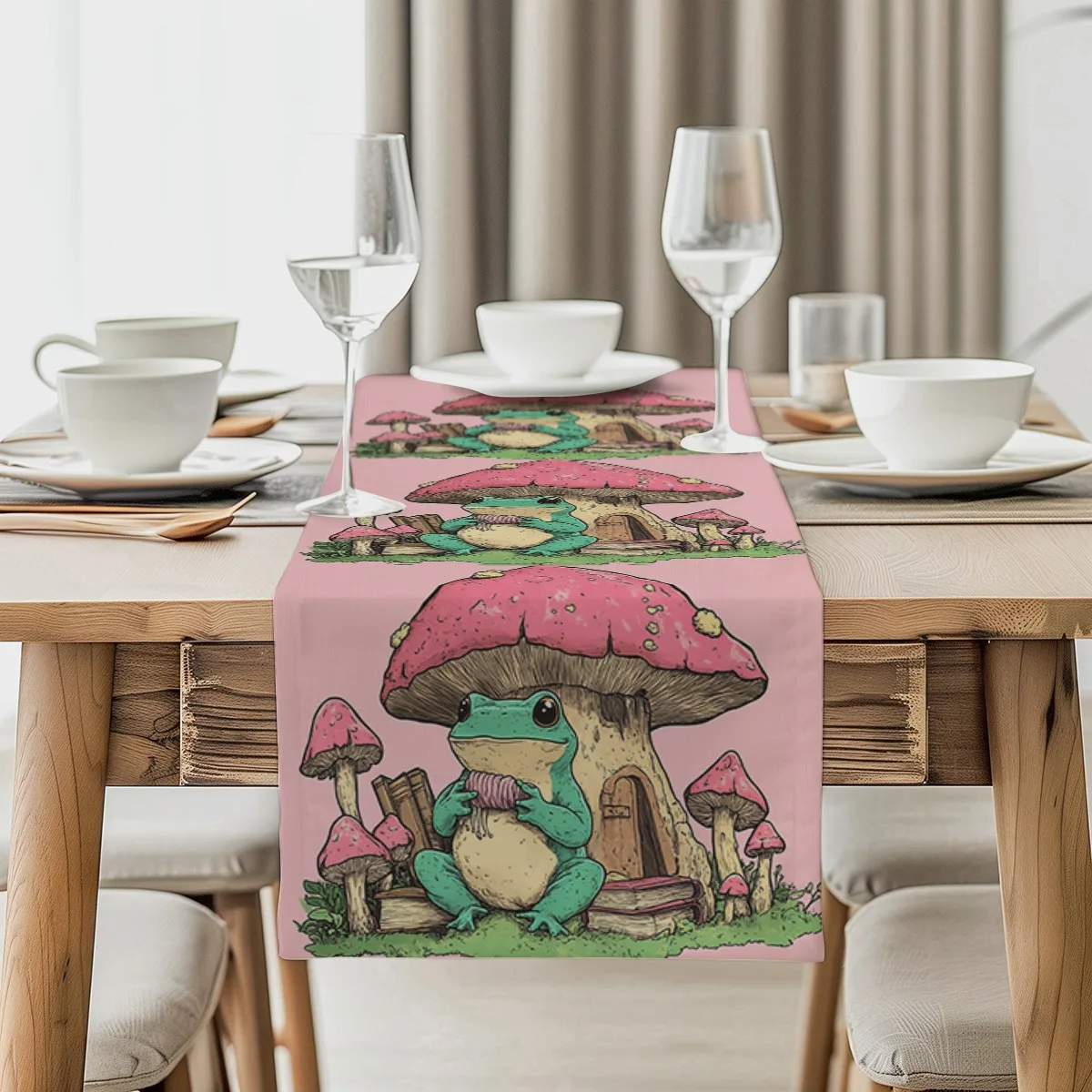Dekoration Tischläufer Märchenfrosch Cottage Skurriler langes Tuch für Zuhause, Küche, Outdoor, Garten, Restaurants, Bankettbedarf