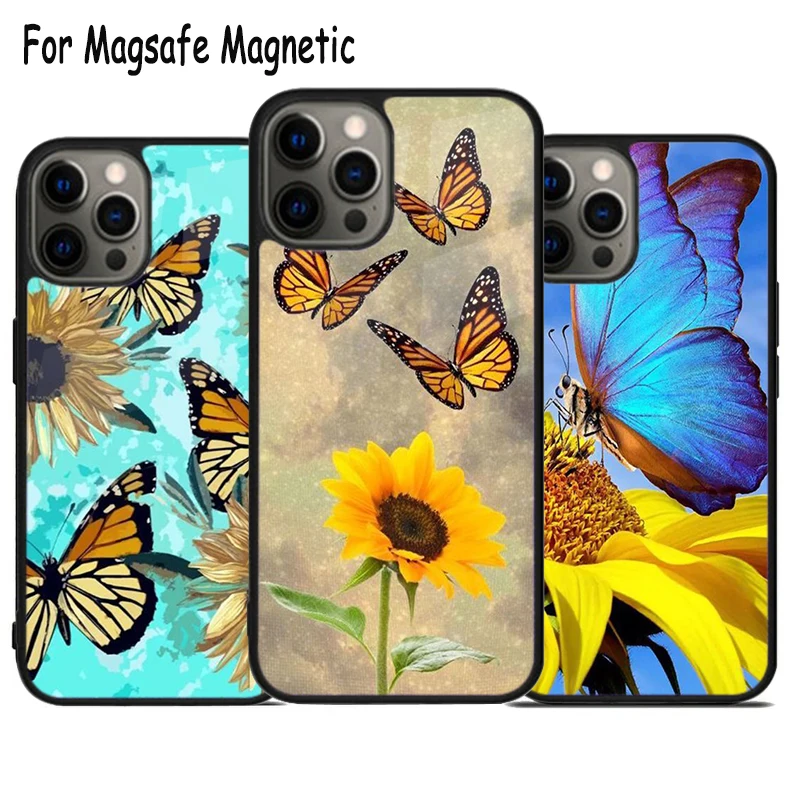 

Butterfly Sun Flower Wireless Charge Magsafe Phone Case For iPhone 15 16 14 13 11 12 Pro Max Plus Magnetic Bumper Cover