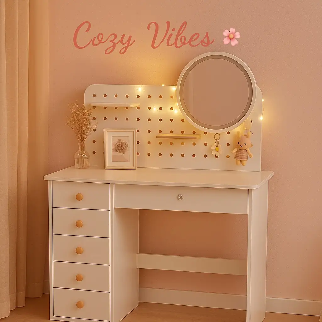 Christmas Gift for Girls – White DIY Pegboard Dresser with Round Mirror, 6 Drawers and Adjustable Shelves