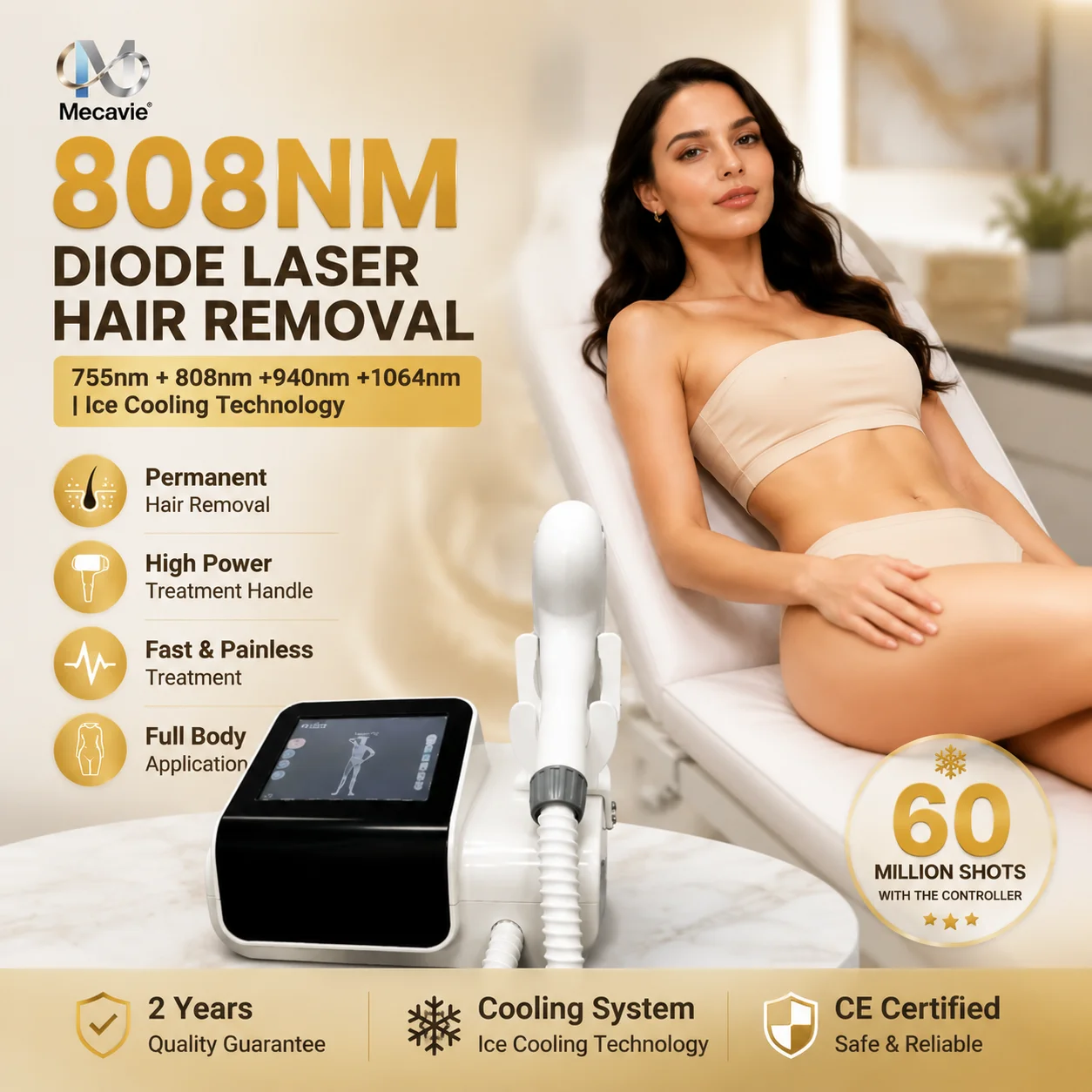 Mini Professional Diode Laser Hair Removal Device 4000w HighPower 755nm 808nm 1064nm Painless Permanent Alexander Cooling Handle