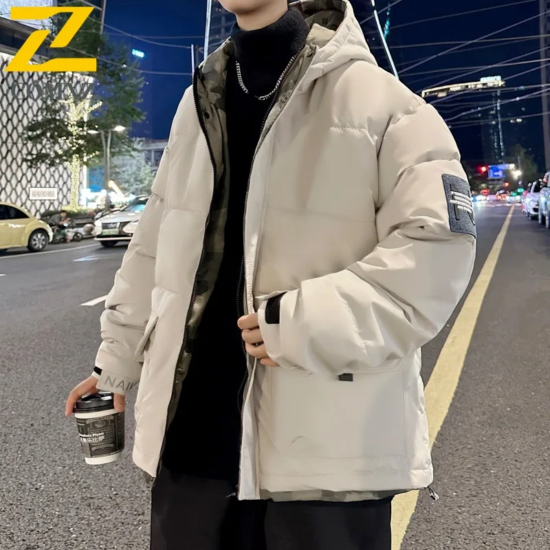 COMXZ Winter Men Puffer Jacket Thickened Loose Fit Trendy Plus Size Cotton-Padded Down Coat Hood Camouflage Patchwork Outerwear