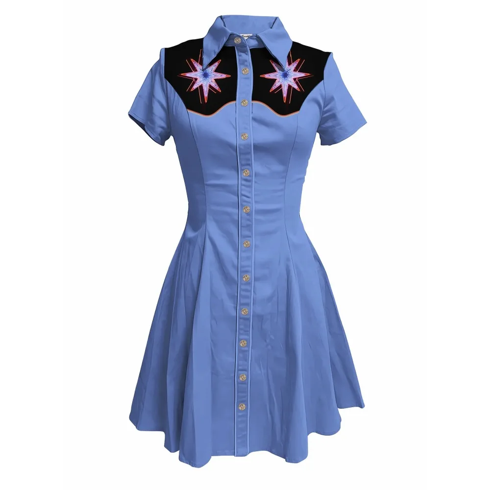 Space Rocket en regenboogprint dames westerse cowboyjurk korte mouw button-down 100% katoenen jurk Ufo zomer streetwear