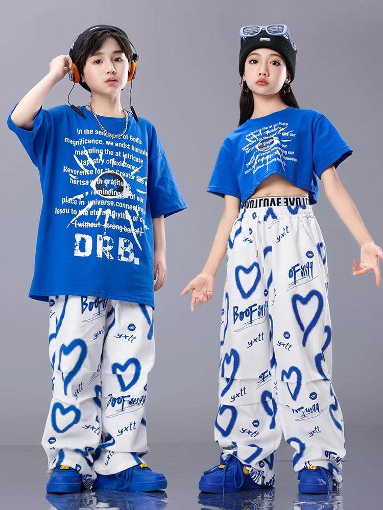 

2024 New Blue Crop Tops Loose Pants Streetwear For Girls Jazz Modern Dance Costumes Boys Hip Hop Dance Performance Wear DQS16328
