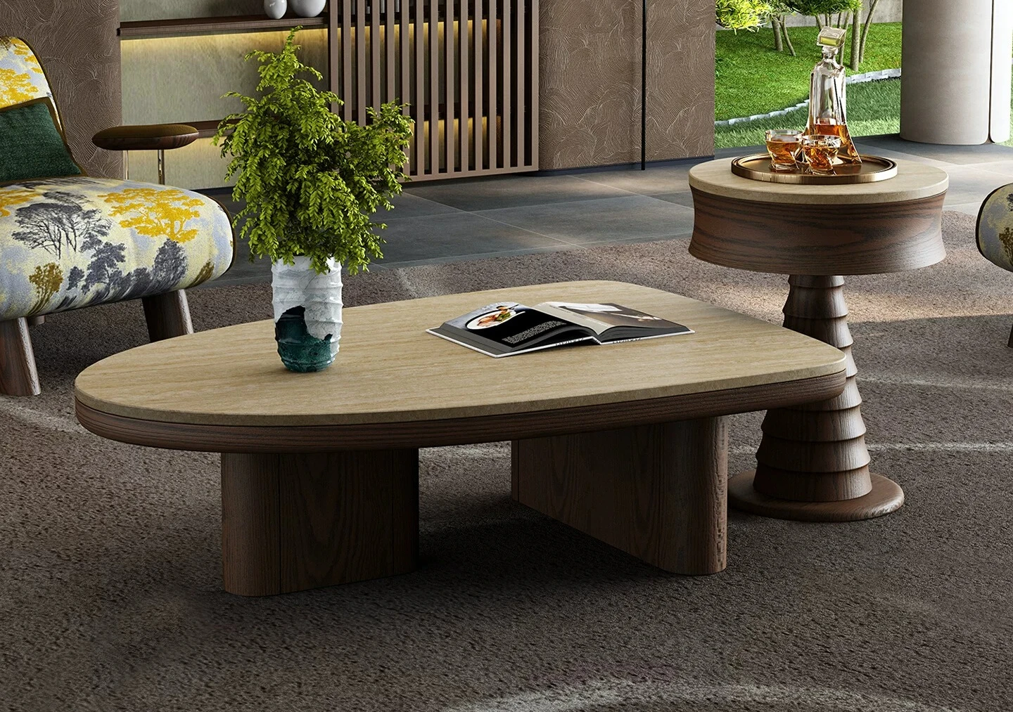 

PYJ black walnut living room household travertine rock slab coffee table special-shaped solid wood tea table combination