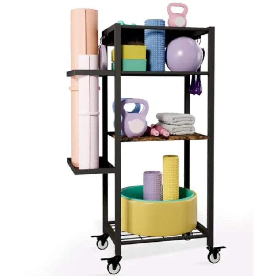 

3-Tier Yoga Mat Storage Rack with Wheels for Home Gym Workout Equipment Organizer in Black for Dumbbells Kettlebells and Foam R