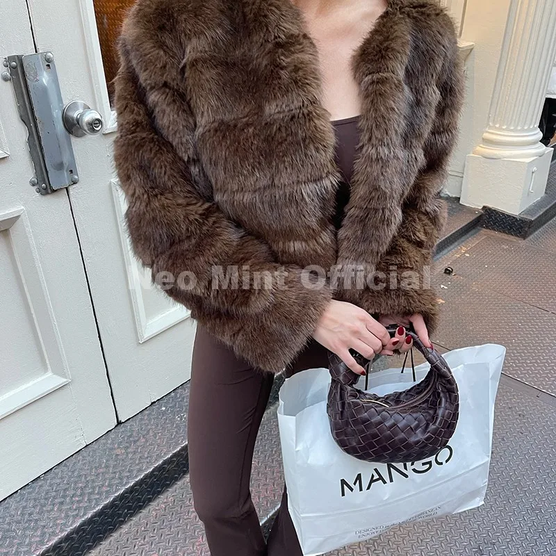 Neo Mint Vintage Brown Patchwork Fur Coat Women Winter 2025 Luxury Brand Fashion Faux Fox Fur Jacket Chic Street Girl Overcoats