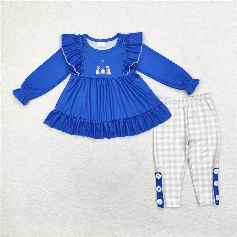 Wholesale western boutique children clothing Sibling Baby Boys Girls Blue Christmas Nativity Tee Top Pants Clothes Sets