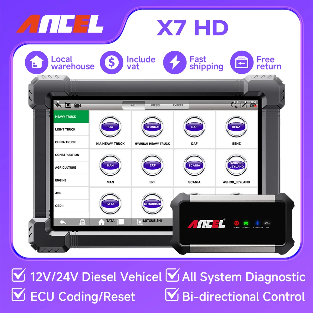 ANCEL X7 HD Diagnostic Scan Tool 24V Heavy Duty Truck Scanner ABS Bleeding  Oil Reset Ldle Speed, Speed Limit OBD2 Scanner