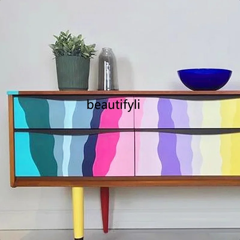 Dopamine Solid Wood Entrance Hall Cabinet Rainbow Color Art Living Room Home TV Cabinet Storage Cabinet Creative
