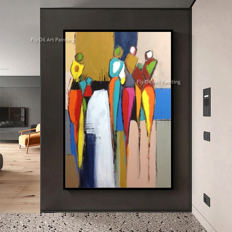 Abstract Figure Hand Painted Oil Painting Vivid Multicolor Block Character Canvas Wall Art Decor Cultural Inspired Hanging Piece