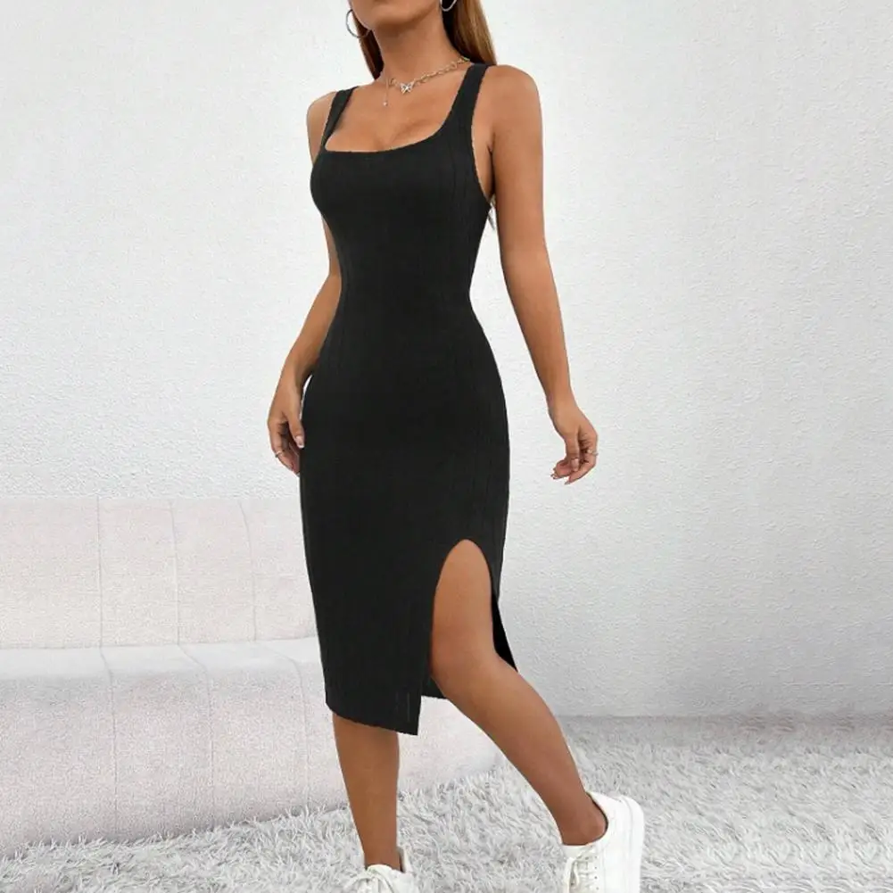

Summer Women's Dress Square Neck Sleeveless Tight Elastic Side Slit Solid Color OL Commuter Club Party Dress