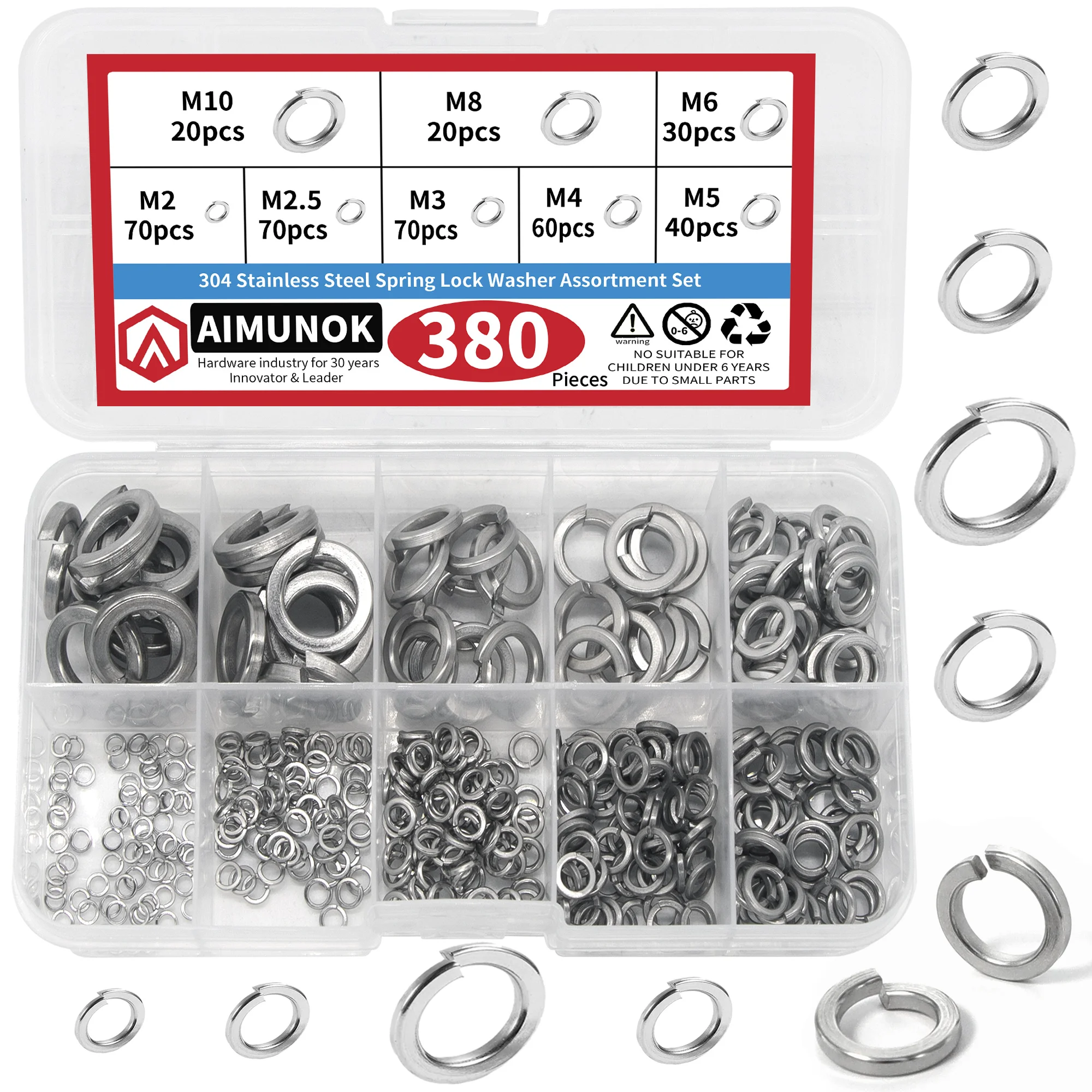 

AIMUNOK 304 SS Spring Washer Set, 380Pcs, Wear-resistant and Rust-proof, For Furniture/Appliances/Auto, 20/50/100pcs Bulk