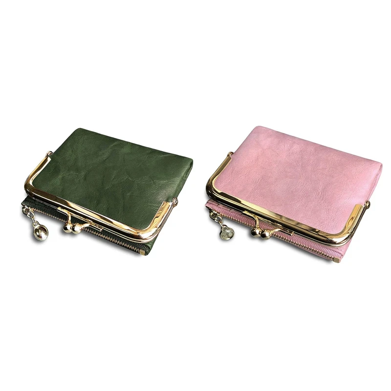 

NEW-2Pcs Women's Short Wallet Bifold Retro Multifunction Coin Purse With Zip And Kiss Lock - Green & Pink