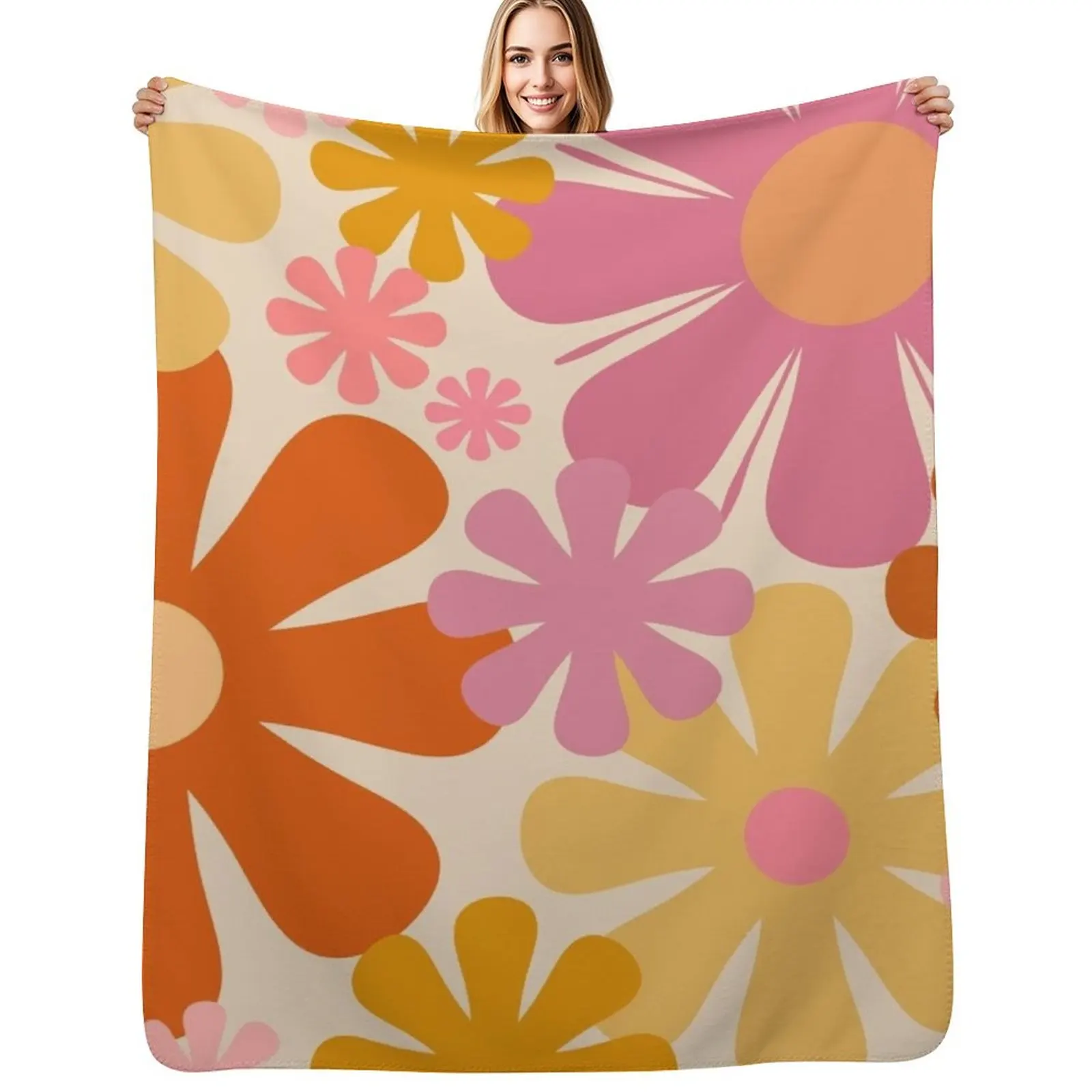 

Retro 60s 70s Flowers - Vintage Style Floral Pattern in Thulian Pink, Orange, Mustard, and Cream Throw Blanket Retros Blanket