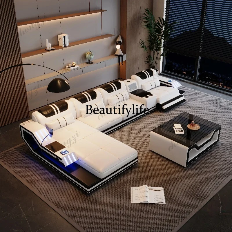 

Convertible Genuine Leather Sectional Sofa Bed with Electric Recliners, Storage, Adjustable Headrests, Speakers, USB & LED Light