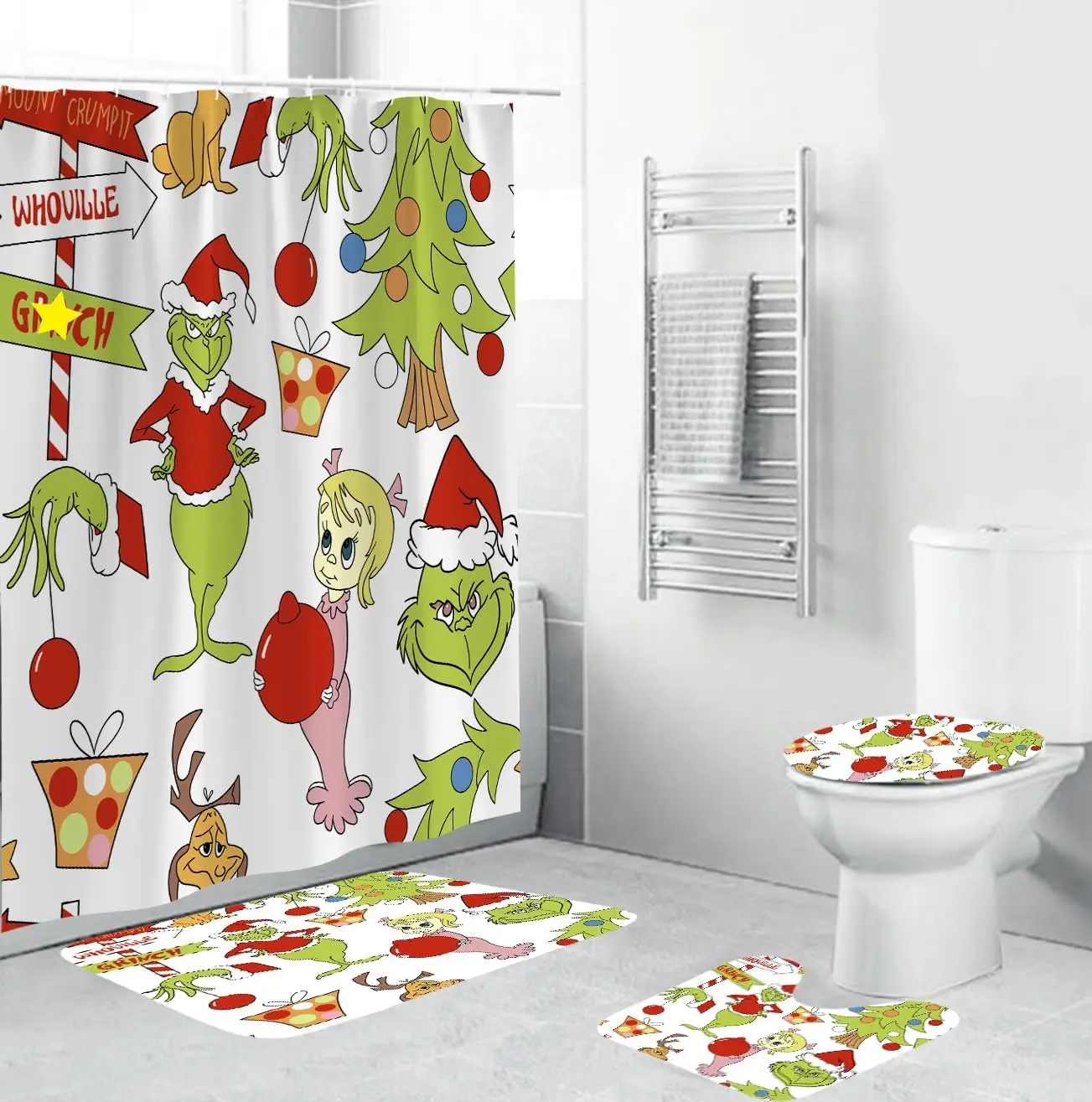 

4Pcs Christmas Shower Curtain Set with Non-Slip Rugs, Toilet Lid Cover and Bath Mat, Christmas Bathroom Decor with Hoo