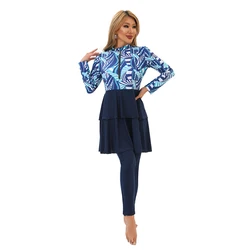 S-4XL New Burkini Muslim Women's swimsuit blue floral Printed Swimsuit three-piece swimsuit Beach suit with Cap M0056