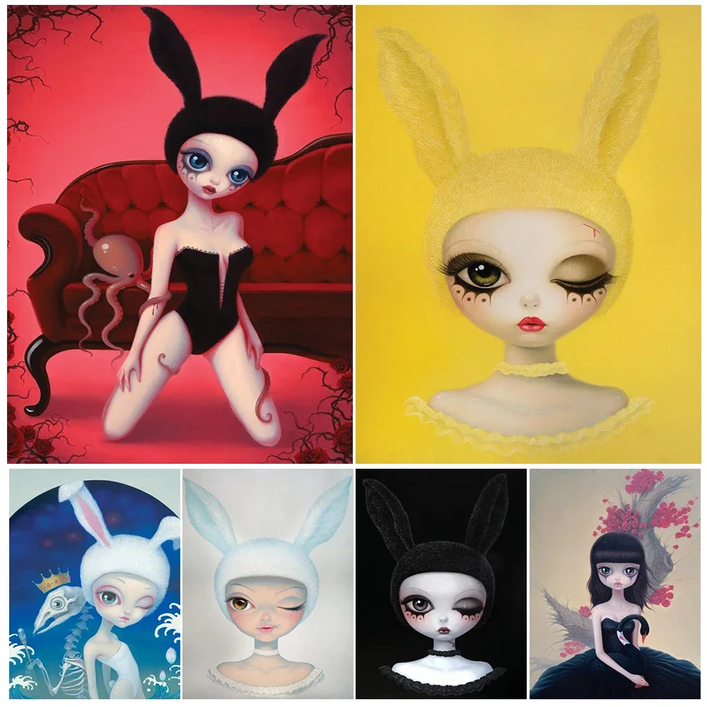 Horrible Girl Rabbit Ears Nursery Cartoon Posters Wall Pictures For Living Room Nordic Poster Wall Art Canvas Painting Unframed
