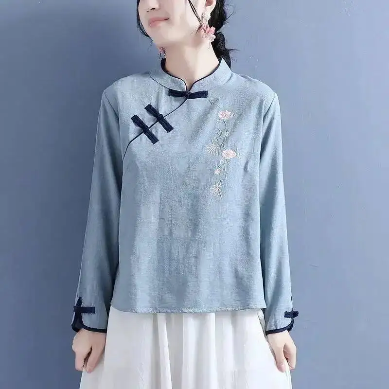 

Vintage Embroidery Shirts Women Long Sleeves Casual Tops Chinese Style Button Linen Top Traditional Women's Wear Tea Clothing