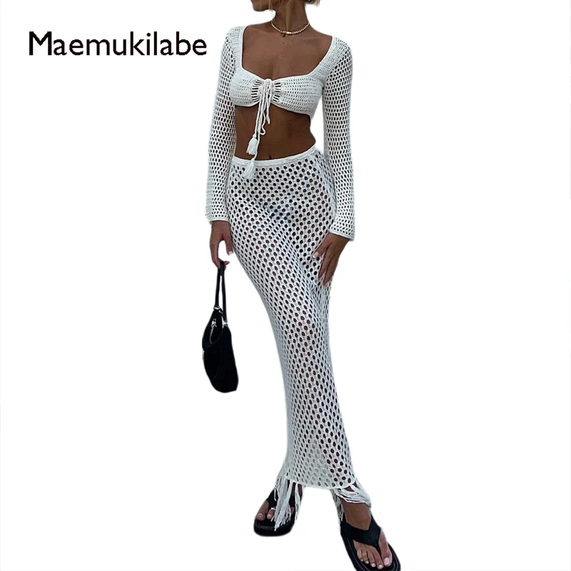 Maemukilabe Women Hollow Out Front Tie Up Crop Tops + Tassel Bodycon Maxi Skirt 2 Piece Set Female Beach Cover Up Y2K Streetwear