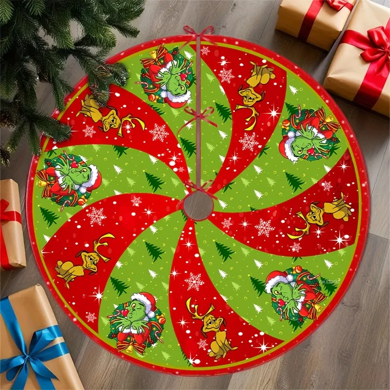 VIKAMA Grinch Max Dog Christmas Tree Skirt,Round Non‑Slip Floor Mat,Swirl Red‑Green Snowflake Xmas Carpet for Holiday Home Decor
