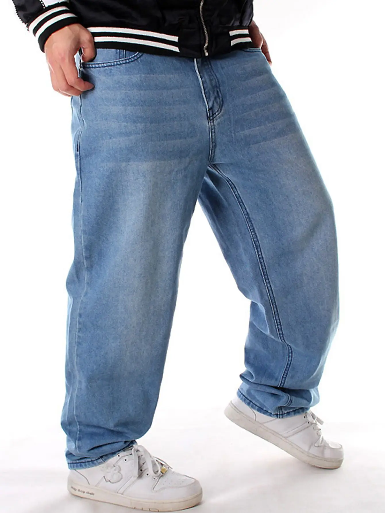 European and American plus size new men's jeans straight tube loose non elastic pants bicycle street style light blue denim pant