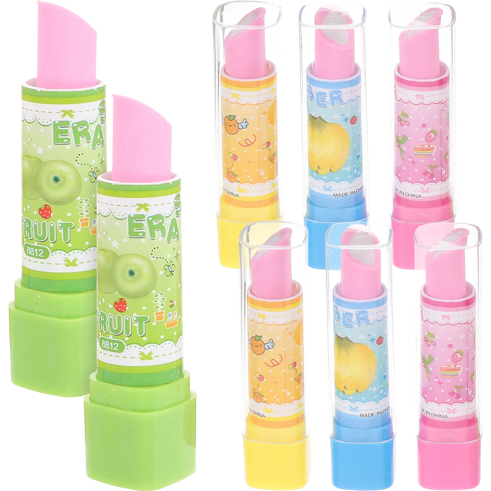 8 Pcs Kids Eraser Toys Funny Pencil Cartoon Fruit Pattern Child Lipstick Erasers for Girls