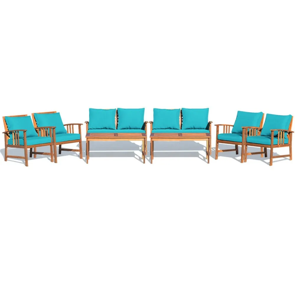 

8pcs Wooden Patio Furniture Set Table & Sectional Sofa w/ Turquoise Cushion