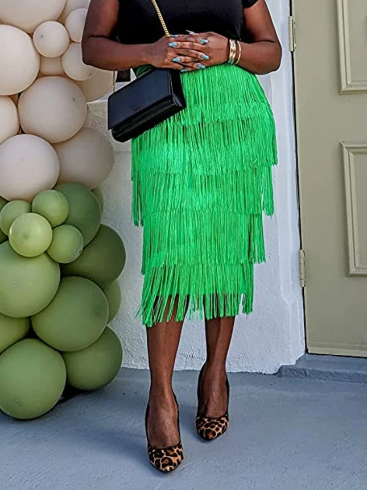 AOMEI Women Green Fringe Bodycon Pencil Skirts Tassel High Waist Stretch Sheath Midi Length Slim Jupe Saias faldas Big Size 2023