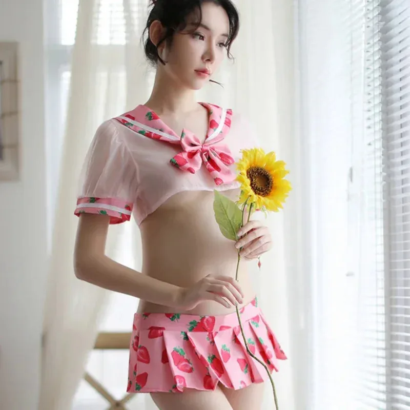 Erotic Lingerie Sexy Perspective Outfit Student Uniform Temptation Strawberry Print Sailor Skirt Suit