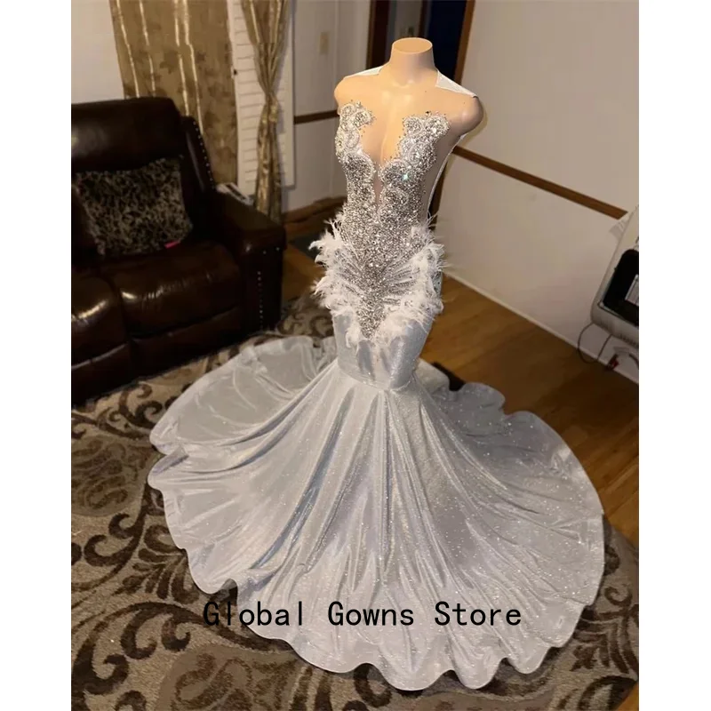 

Silver O Neck Long Prom Dresses For Black Girls Bead Crystal Rhinestone 2025 Birthday Luxury Dress Feather Graduationeption Wear