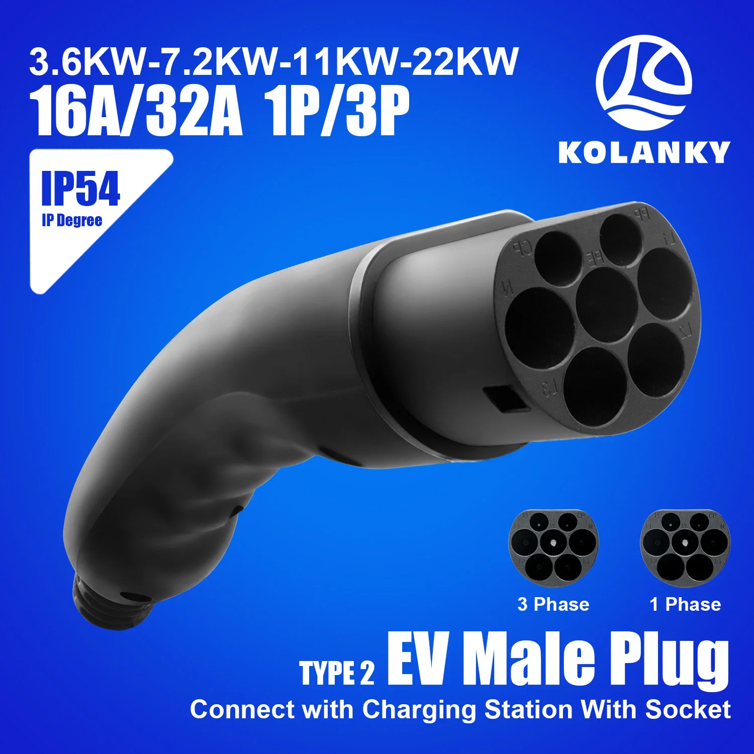 Kolanky نوع 2 ذكر EV التوصيل 1P/3 المرحلة شحن بندقية رئيس 16A/32A IEC 62196-2 EV موصل شاحن الاتصال بمحطة شحن EV