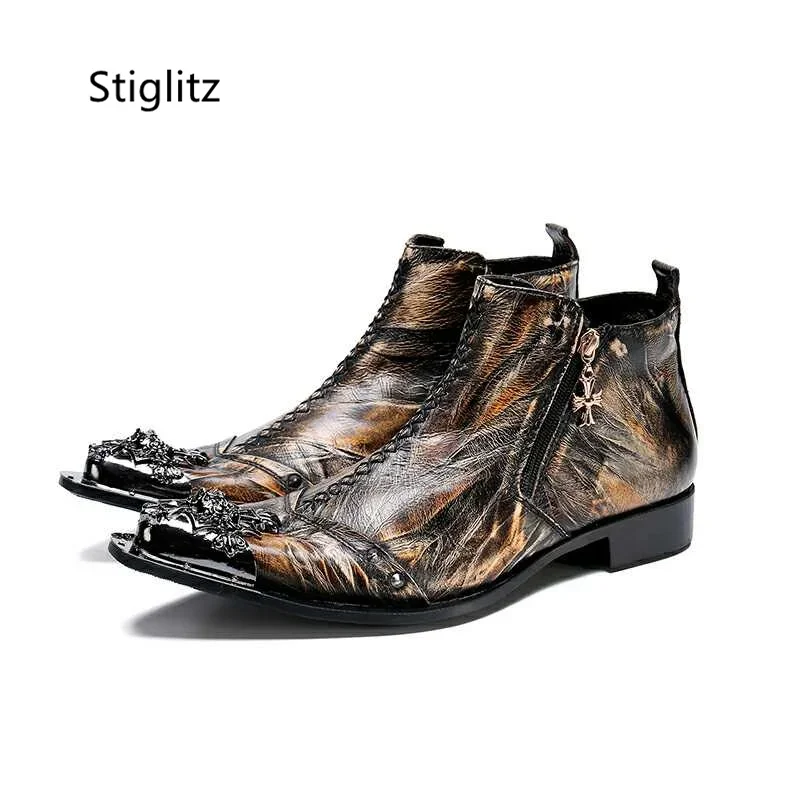 Metal Pointed Toe Retro Men's Boots Side Zipper Genuine Leather Male Shoes Motorcycle Chelsea Ankle Boots Large Size Show Shoes