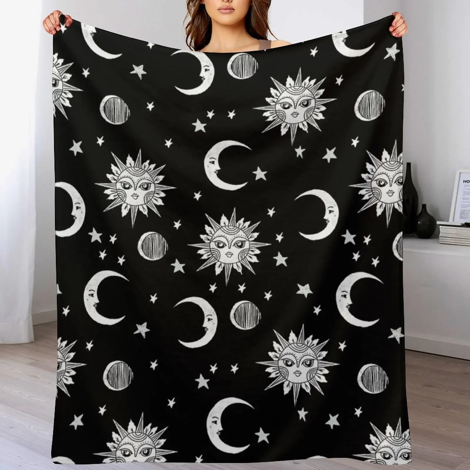 Linocut black and white sun moon and stars outer space zodiac astrology gifts Throw Blanket Sleeping Bag Thermal Polar Blankets