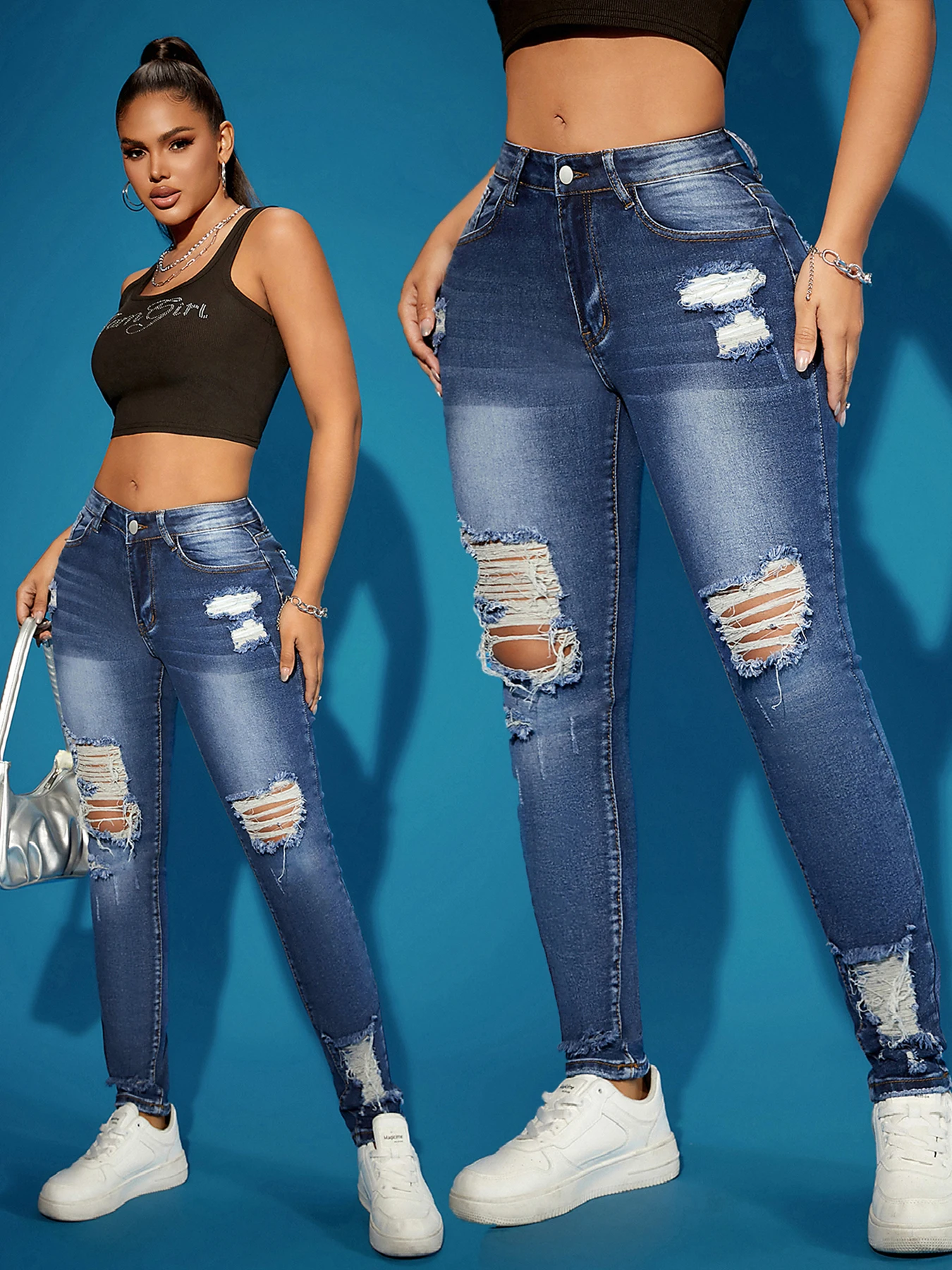 

Women's Ripped Super Stretch Skinny Jeans High Waist Tummy Control Black Destroyed Vintage Nightclub Trendy Hot Selling