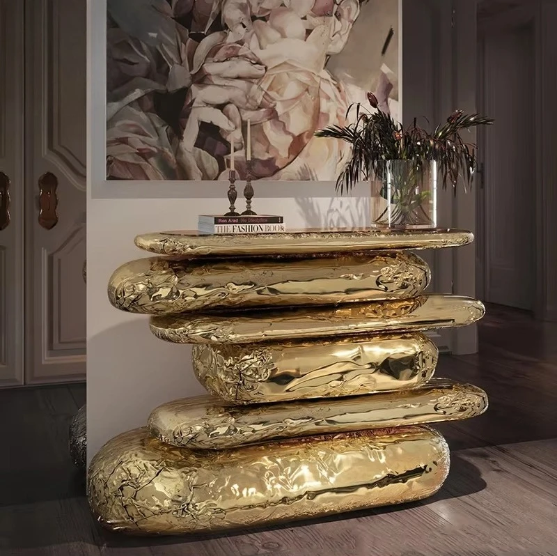 Household Furniture Classic Design Luxury Gold Hammered Brass Plated Ancient Book Shape Brown Marble Top Console Table