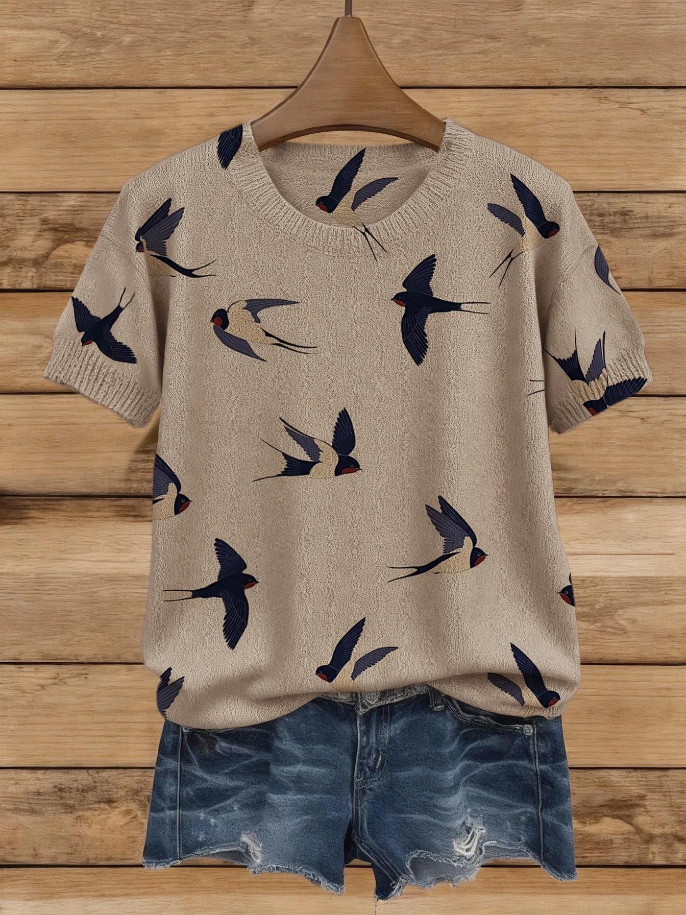 Vintage Swallow Print Knit Sweater, Women's Round Neck Short-Sleeve Breathable Sweater, Summer Outdoor Casual, Minimalist French Fresh Slim-Fit Knit Top, Vacation Style Versatile Street Style Item - view 2