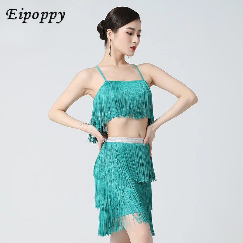 بدلة بشراشيب بحمالات للرقص اللاتيني ، فستان بشراشيب ، أزياء