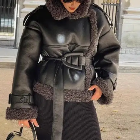 Or Jaet – Streetwear tendance avec ceinture et col, vêtements d'extérieur en cuir PU et fourrure pour femmes