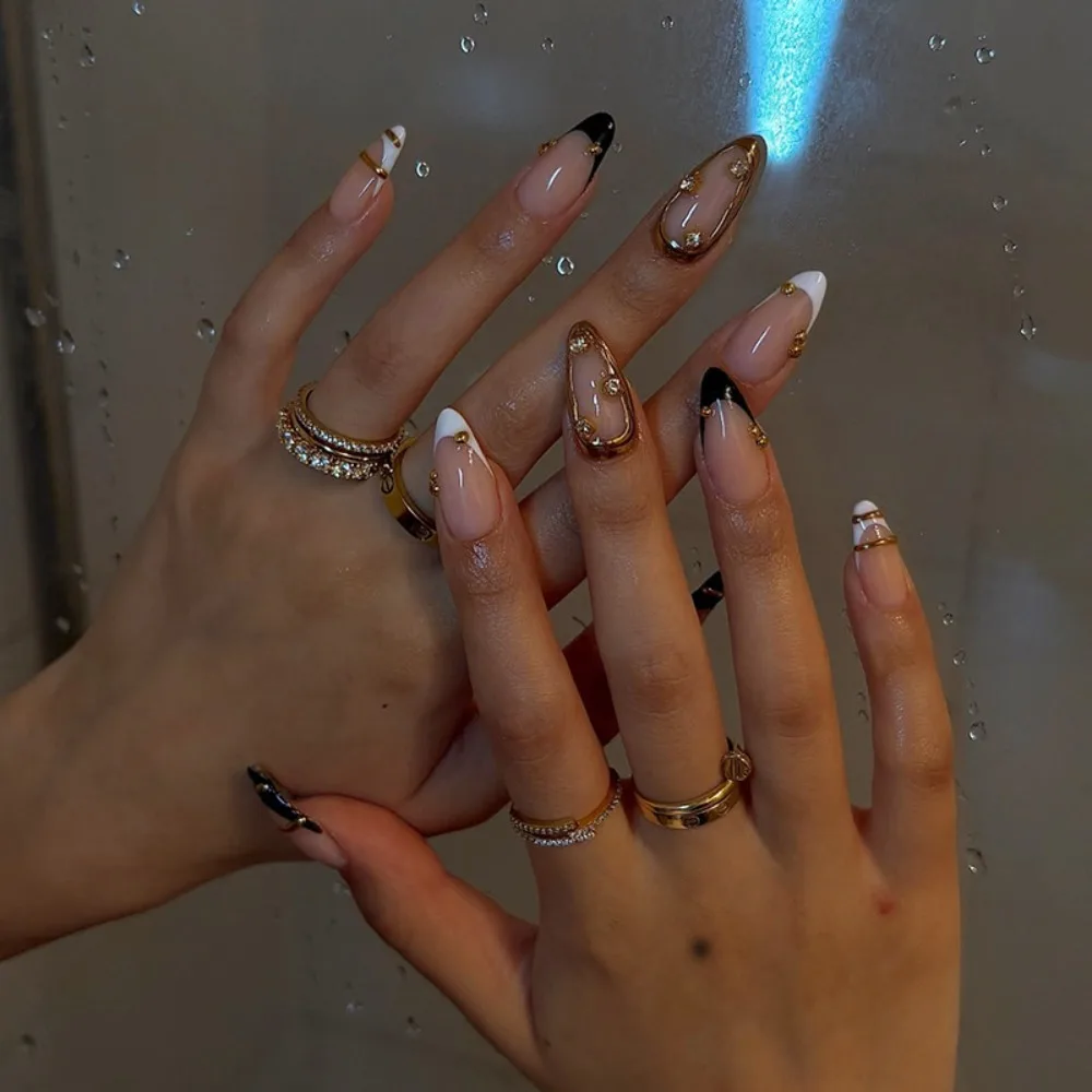 Manicure Long Almond False Nails French Aurora Fake Nails Gilding Flower Tomato Detachable Press on Nails Women