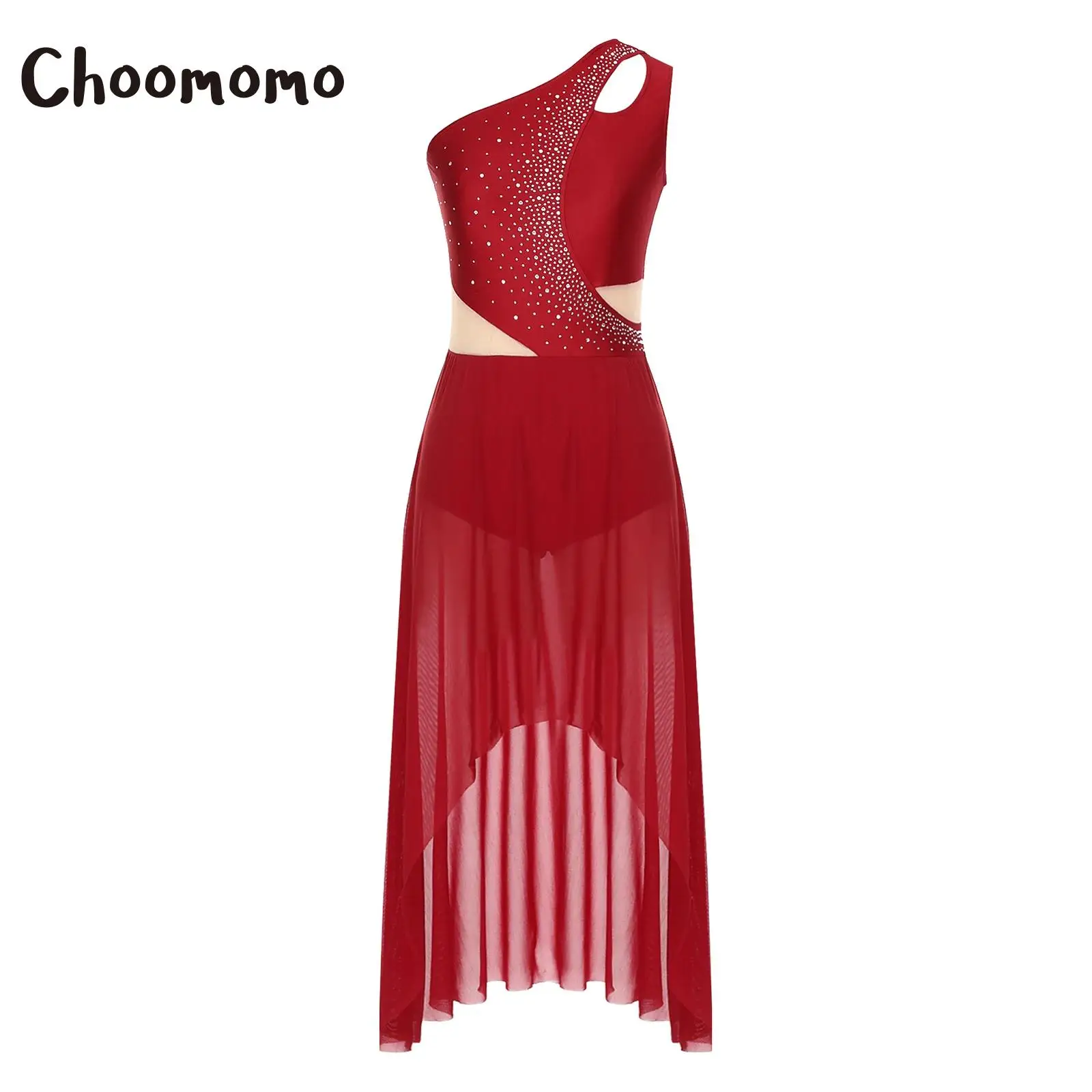 

Women Lyrical Dance Costume Rhinestones One Shoulder Sleeveless Rhinestones Modern Ballet Gymnastics Ice Skating Leotard Dress