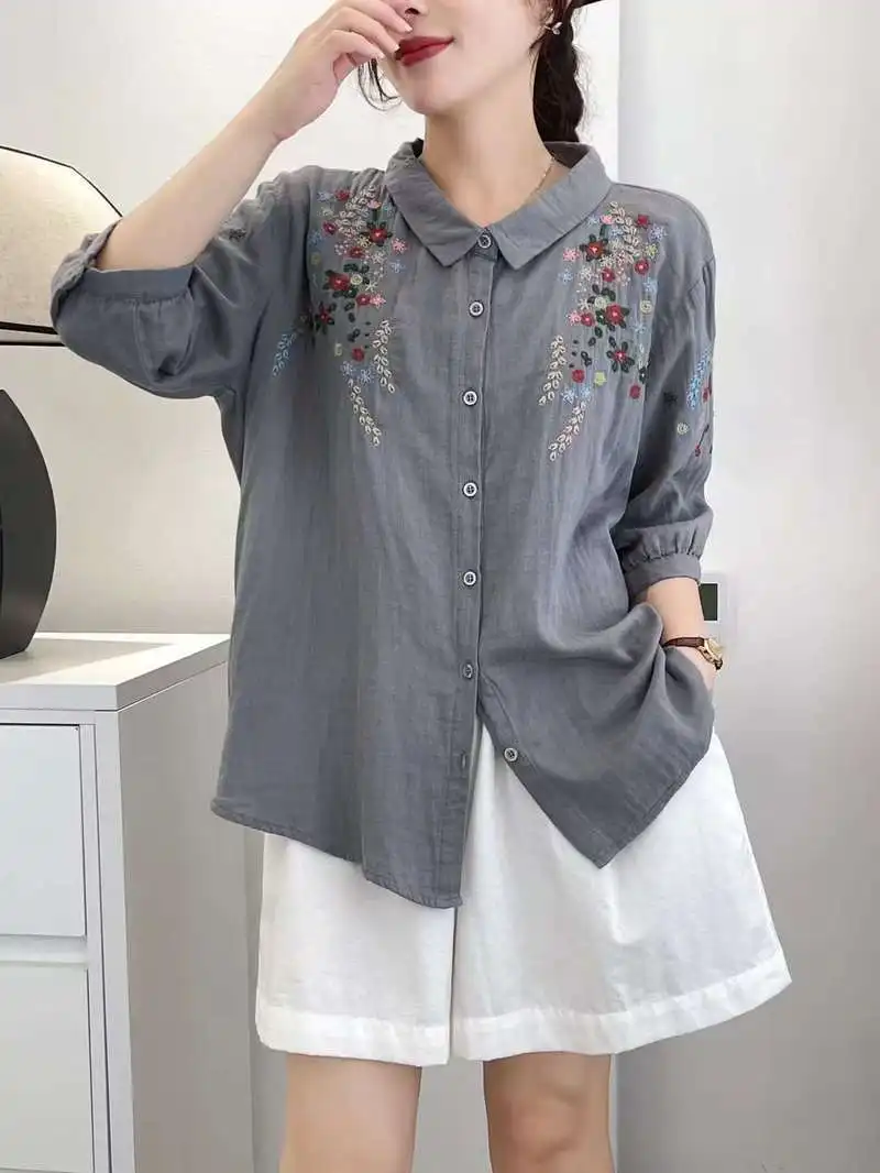 New Summer Cotton Half Sleeve Shirts Lapel Floral Embroidery Tops Mori Girl Retro Casual Loose Blouses 2024 Autumn T46973QM