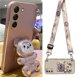 Funda de teléfono con cordón y soporte de oso de arena movediza para Samsung Galaxy S23, S21, S20, S22, S10, Note 10, 20, S24 Plus, Ultra S21 Fe